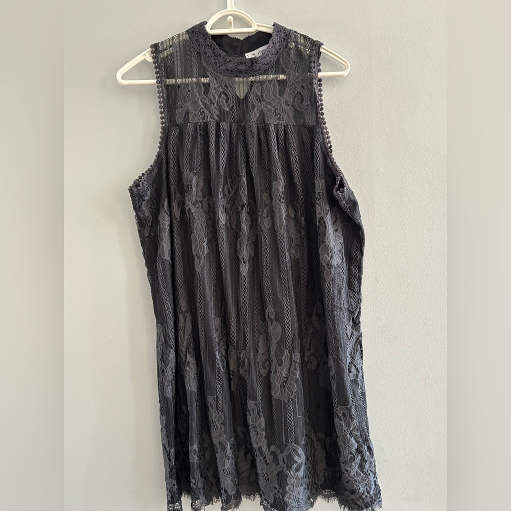 Maurices Charcoal Gray Lace Detail Dress Sz. 1 High Neck Sleeveless Mini